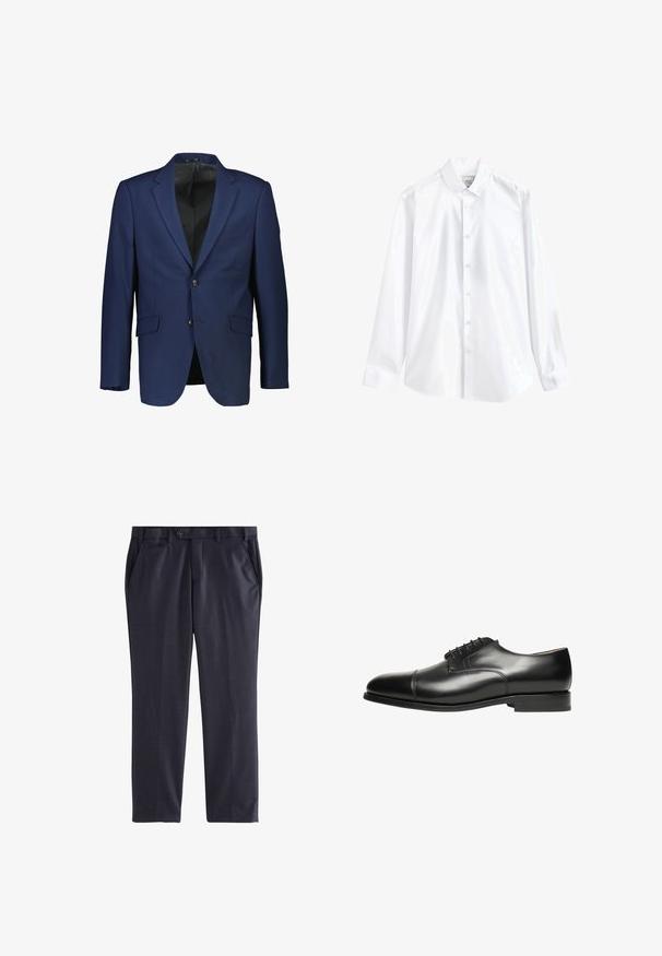 Blazer marine en tissu lisse, à boutonnage simple, avec deux boutons, revers crantés et poches latérales.; Chemise blanche à manches longues boutonnée, col boutonné, étiquette visible à l'intérieur du col et poignets plissés aux manches.; Pantalon habillé pour homme bleu marine foncé avec fermeture à boutons, passants de ceinture, poches latérales et coupe droite et ajustée.; Chaussure habillée en cuir noir avec une finition lisse, bout arrondi et six œillets pour les lacets. Présente un accent en lacet marron contrastant et un talon plat.