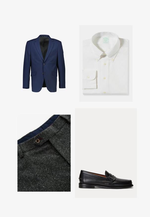 Marineblazer van een gladde stof, met een enkelvoudige sluiting, twee knopen, inkepingen op de kraag en zijzakken.; Wit slim-fit overhemd met lange mouwen, button-downkraag en knopen op de manchetten, netjes opgevouwen op een effen achtergrond.; Grijze broek van een wolblend met een gespikkelde textuur. Kenmerken zijn een puntige tailleband, knoopsluiting en marineblauwe binnenvoering.; Zwarte leren loafer met lage hak en penny-strap detail, van opzij getoond op een lichtgrijze achtergrond.