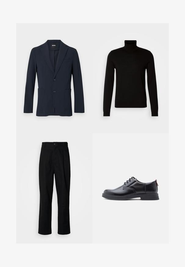 Mørk marineblå formel herreblazer med to knapper, notch revers og forlommer med lapper, mærket "BOSS" inde i kraven.; Sort turtleneck sweater lavet af et fint strikket stof, der har lange ærmer og en tætsiddende silhuet. Glat tekstur med ribbede manchetter.; Sorte lige ben bukser med en knaplukket talje, bæltestropper og en frontfold, præsenteret mod en ensfarvet hvid baggrund.; Sorte snørestøvler i læder med glat tekstur, rundet tå og diskrete syningsdetaljer. Har en rød trækflig på hælen.