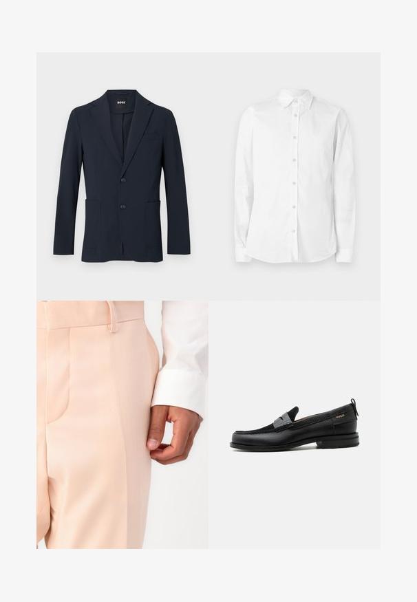 Blazer formal masculino de color azul marino oscuro con dos botones, solapas con muesca y bolsillos delanteros parcheados, etiquetado "BOSS" en el interior del cuello.; Camisa blanca de manga larga con botones, hecha de algodón. Presenta un cuello puntiagudo y un pequeño logo bordado en el pecho. Textura suave.; Pantalones de corte ajustado en rosa pálido con una textura suave, que cuentan con un bolsillo lateral y un lazo para cinturón, combinados con un puño de camisa blanca.; Mocasín de cuero negro con detalle de tira gris, tacón bajo y suela texturizada, con la marca "HUGO" en oro en el lateral.