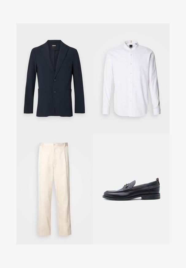 Dunkel marineblauer formeller Herrenblazer mit zwei Knöpfen, Revers mit Kerbe und aufgesetzten Fronttaschen, innen am Kragen mit „BOSS“ Label.; Weißes langärmliges Hemd mit Stehkragen, Knopfleiste und abgerundetem Saum. Aus Baumwolle gefertigt, mit einer glatten Textur und dezentem Glanz.; Beige Baumwollhose mit geradem Bein, ausgestattet mit einem Knopfverschluss und Falten an der Vorderseite für zusätzliche Details.; Schwarzer Lederloafer mit grauem, strukturiertem Vorderblatt, silberner Metallschnalle, niedrigem Absatz und Zuglasche hinten.