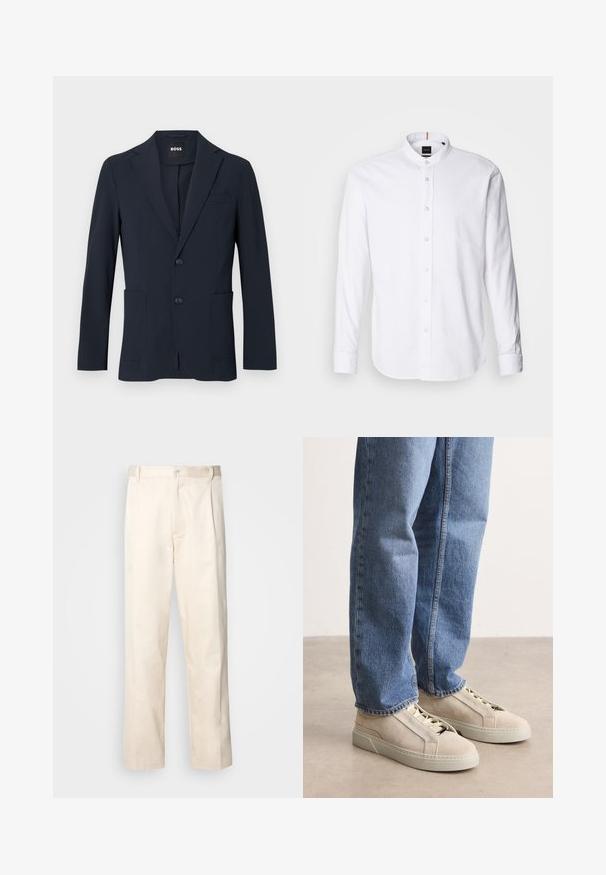 Dunkel marineblauer formeller Herrenblazer mit zwei Knöpfen, Revers mit Kerbe und aufgesetzten Fronttaschen, innen am Kragen mit „BOSS“ Label.; Weißes langärmliges Hemd mit Stehkragen, Knopfleiste und abgerundetem Saum. Aus Baumwolle gefertigt, mit einer glatten Textur und dezentem Glanz.; Beige Baumwollhose mit geradem Bein, ausgestattet mit einem Knopfverschluss und Falten an der Vorderseite für zusätzliche Details.; BOSS GARYTENN_SDHDEL - Sneaker low - natural ten