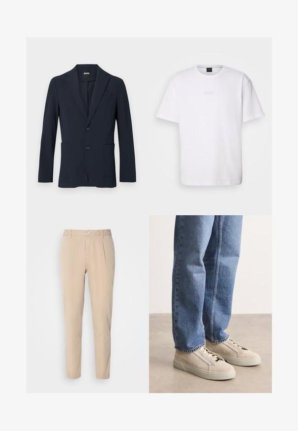 Dunkel marineblauer formeller Herrenblazer mit zwei Knöpfen, Revers mit Kerbe und aufgesetzten Fronttaschen, innen am Kragen mit „BOSS“ Label.; Weißes Baumwoll-T-Shirt mit kurzen Ärmeln, rundem Ausschnitt und geprägtem "BOSS"-Logo auf der Brust. Glatte Textur, normale Passform.; Beige Hosen mit schmaler Passform, aus gewebtem Material. Sie verfügen über einen einzelnen Knopfverschluss, eine gefalte Vorderseite und gerade Beine.; BOSS GARYTENN_SDHDEL - Sneaker low - natural ten