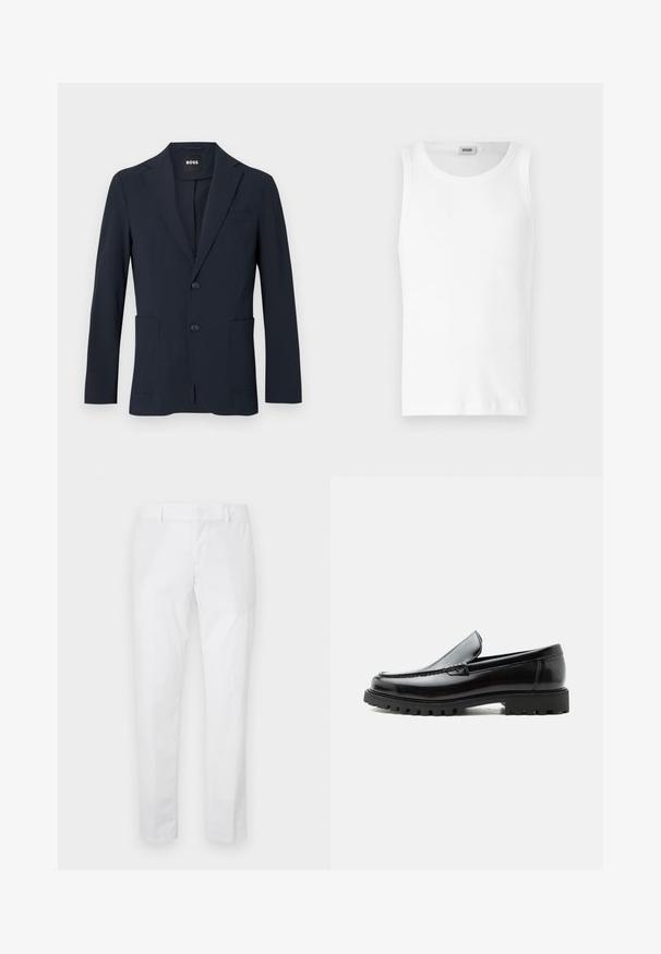 Dunkel marineblauer formeller Herrenblazer mit zwei Knöpfen, Revers mit Kerbe und aufgesetzten Fronttaschen, innen am Kragen mit „BOSS“ Label.; Weißes Baumwoll-Tanktop ohne Ärmel mit Rundhalsausschnitt und glatter Textur. Einfaches Design, ohne Muster oder Akzente.; Weiße Slim-Fit-Hose mit Gürtelschlaufen und Seitentaschen, flach auf hellem Hintergrund ausgelegt.; Schwarzer Lederloafer mit grober Gummisohle, genähter Oberseite und geprägtem Markennamen an der Ferse, seitlich auf weißem Hintergrund gezeigt.