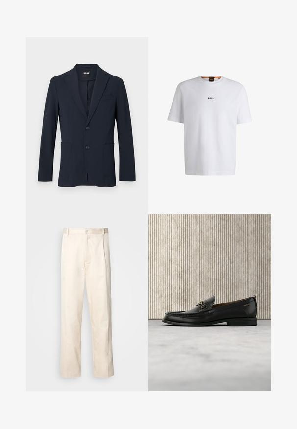 Dunkel marineblauer formeller Herrenblazer mit zwei Knöpfen, Revers mit Kerbe und aufgesetzten Fronttaschen, innen am Kragen mit „BOSS“ Label.; Weißes Baumwoll-T-Shirt mit kurzen Ärmeln, ausgestattet mit einem schwarzen "BOSS"-Logo, das mittig auf der Brust platziert ist, und einem runden Halsausschnitt.; Beige Baumwollhose mit geradem Bein, ausgestattet mit einem Knopfverschluss und Falten an der Vorderseite für zusätzliche Details.; Schwarzer Lederloafer mit goldfarbenem Metallbit und "HUGO"-Markenlogo, präsentiert vor einem beigen Teppich und braunen durchsichtigen Möbelstücken.