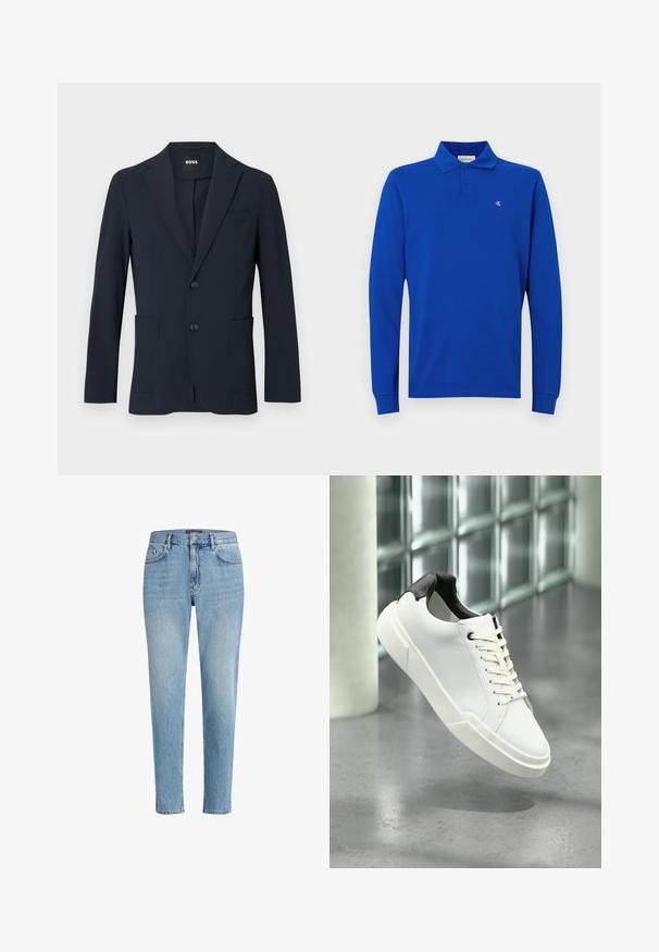Blazer formal masculino de color azul marino oscuro con dos botones, solapas con muesca y bolsillos delanteros parcheados, etiquetado "BOSS" en el interior del cuello.; Polo de manga larga azul hecho de algodón, con un cuello de botones de dos y un pequeño logo bordado en el pecho. Textura suave.; Jeans de mezclilla azul claro con un ajuste relajado, diseño de cinco bolsillos y un ligero desgaste. Presenta una etiqueta de marca cerca de la cintura.; Zapatilla blanca de perfil bajo con lengüeta del talón texturizada en negro, cordones blancos y suela gruesa sobre un suelo de cemento pulido cerca de bloques de vidrio.