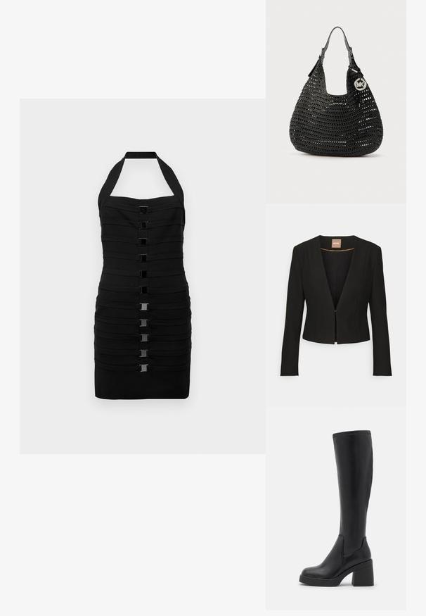 Zwarte cropped blazer met een diepe V-hals, lange mouwen en een enkele sluiting aan de voorkant. Gemaakt van een gladde, stevige stof met een subtiele glans.; Zwarte halternekkleding met horizontale plooien, een getailleerde pasvorm en zes glanzende vierkante accenten aan de voorkant. Zachte, rekbare stof.; Call it Spring BRITNAY - Plateaulaarzen - black; Zwarte gevlochten hobo-tas met leren handvatten, zilveren Michael Kors logohanger en een klein logoplaatje aan de voorkant.