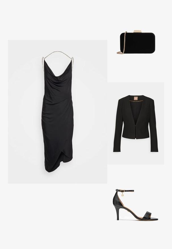 Sort cropped blazer med dyb V-udskæring, lange ærmer og en enkelt frontlås. Lavet af et glat, robust stof med en subtil glans.; Et Ochs ILA CHAIN COWL NECK MIDI DRESS - Cocktailkjole / festkjole - black; Sort læder højhælede sandaler med en enkelt rem over tæerne, ankelrem, gul hardware og en slank stilettohæl.; Sort velour clutch med guldfarvede detaljer, rektangulær form og kædestrop, der har en glat tekstur og ingen synlige mønstre.
