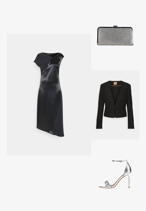 Zwarte cropped blazer met een diepe V-hals, lange mouwen en een enkele sluiting aan de voorkant. Gemaakt van een gladde, stevige stof met een subtiele glans.; Calvin Klein NAIA SHINE MIDI DRESS - Cocktailjurk - black; Zilveren hoge-gehakte sandaal met enkelriem en decoratieve juwelenversiering op de teenriem, slanke hak en open teen ontwerp.; Rechthoekige zilveren clutchtas bedekt met kleine strass-steentjes, met een zwart-zilveren metalen frame en een sluiting met gesp.