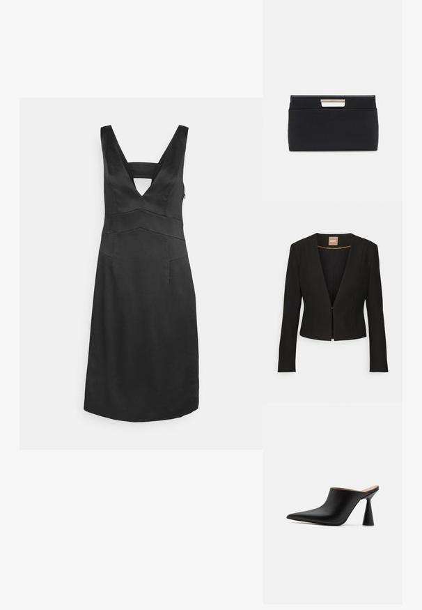 Zwarte cropped blazer met een diepe V-hals, lange mouwen en een enkele sluiting aan de voorkant. Gemaakt van een gladde, stevige stof met een subtiele glans.; Zwarte mouwloze jurk met een V-halslijn, sleutelsnede en gestructureerde panelen. Gemaakt van gladde stof met een rechte silhouet.; Zwarte leren muiltjes met een spitse neus en een unieke kegelvormige hak. Glad oppervlak en minimalistisch ontwerp, open achterkant voor gemakkelijk aan- en uittrekken.; Zwart leren clutch tas met een rechthoekige vorm. Heeft een metallic handvataccent op de sluiting, een gladde textuur en een minimalistisch ontwerp.
