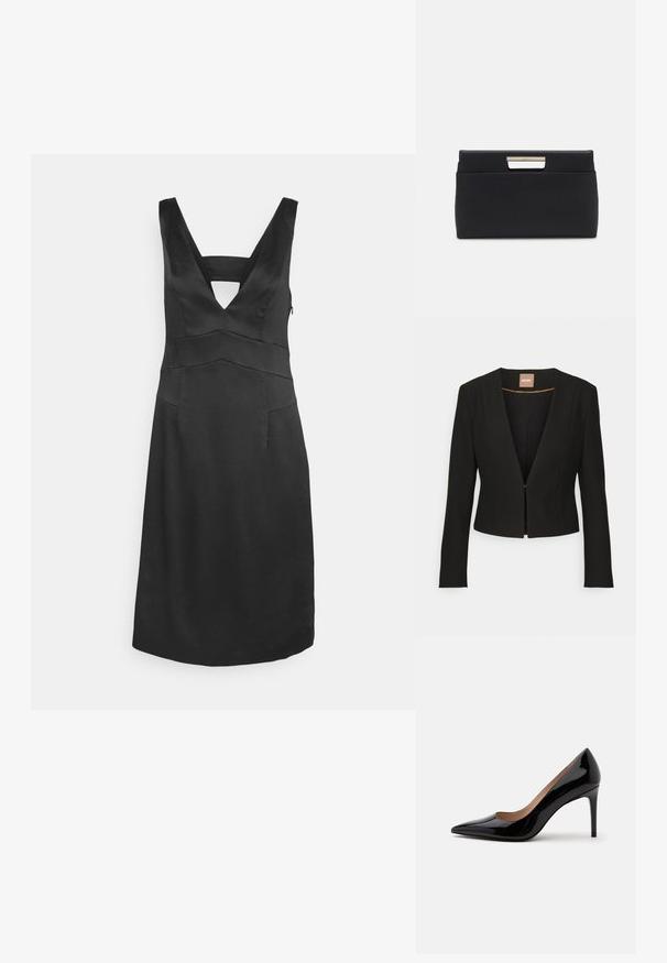 Zwarte cropped blazer met een diepe V-hals, lange mouwen en een enkele sluiting aan de voorkant. Gemaakt van een gladde, stevige stof met een subtiele glans.; Zwarte mouwloze jurk met een V-halslijn, sleutelsnede en gestructureerde panelen. Gemaakt van gladde stof met een rechte silhouet.; Zwarte lakleren pump met hoge hak, spits toelopende neus en naaldhak, zij-aanzicht op een effen witte achtergrond.; Zwart leren clutch tas met een rechthoekige vorm. Heeft een metallic handvataccent op de sluiting, een gladde textuur en een minimalistisch ontwerp.