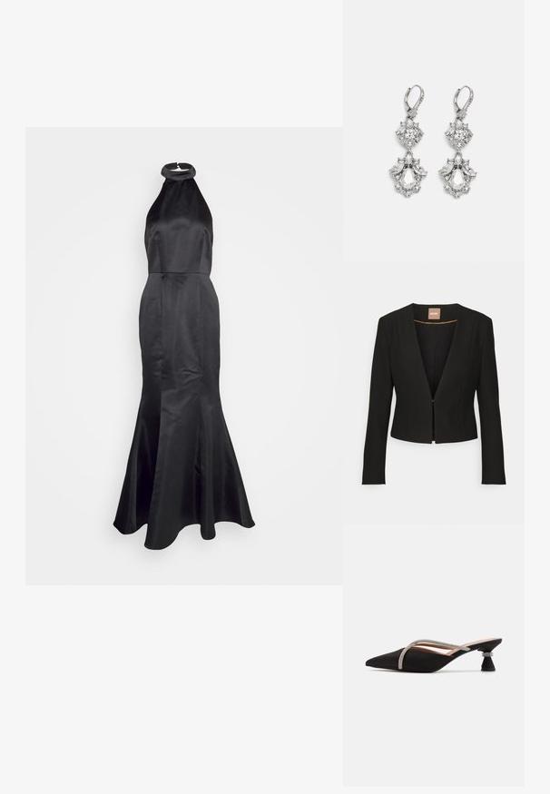 Sort cropped blazer med dyb V-udskæring, lange ærmer og en enkelt frontlås. Lavet af et glat, robust stof med en subtil glans.; Jarlo TRELLA - Gallakjole - black; Sort spidstøle slingback sko i satin med en sølv rhinestone-rem og et unikt skulptureret hældesign. Glat tekstur hele vejen igennem.; Sølvfarvede øreringe med flere klare krystalgemstones i dråbe- og marquiseformer, med låse med bøjlestik og detaljeret udsmykning.