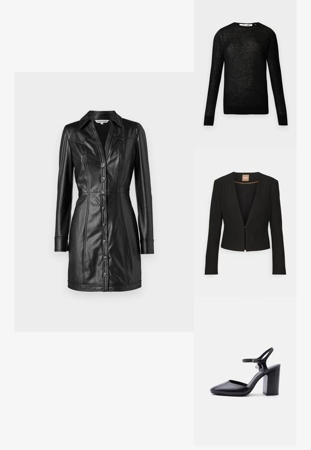 Sort cropped blazer med dyb V-udskæring, lange ærmer og en enkelt frontlås. Lavet af et glat, robust stof med en subtil glans.; Sort langærmet sweater lavet af tyndt, tekstureret materiale. Har rund halsudskæring og tætsiddende ærmegab samt en glat kant ved taljen.; Veronica Beard GARRETT DRESS - Skjortekjole - black; Sort læder højhælet sko med spids tå, blokhæl, ankelrem, spænde og lille rund metal logo charm på ens hvid baggrund.