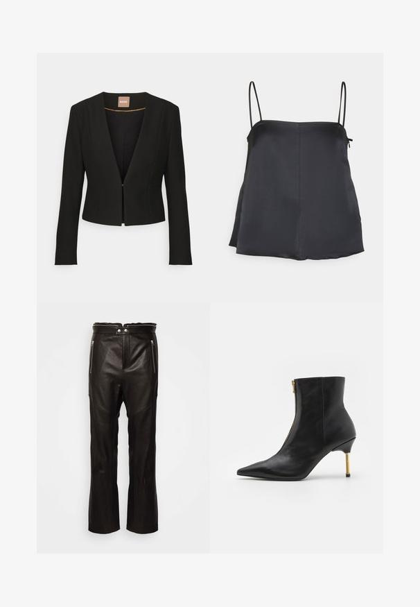 Schwarze, verkürzte Jacke mit tiefem V-Ausschnitt, langen Ärmeln und einem einzelnen vorderen Verschluss. Hergestellt aus einem glatten, robusten Stoff mit einem dezenten Glanz.; House of Dagmar SHINY STRAP TOP - Top - dark navy; rag & bone SEDONA MOTO PANT - Lederhose - black; AllSaints NATASHA - Stiefelette - black