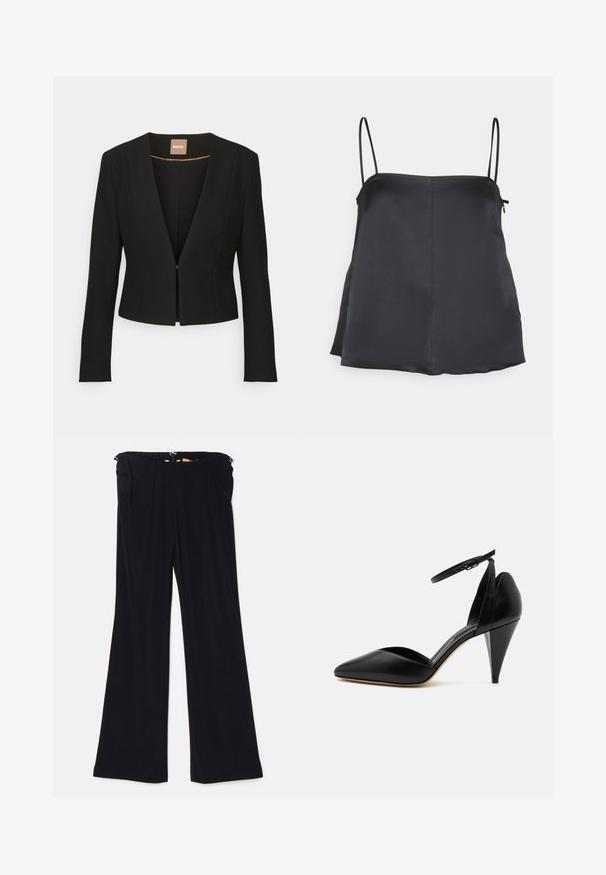 Sort cropped blazer med dyb V-udskæring, lange ærmer og en enkelt frontlås. Lavet af et glat, robust stof med en subtil glans.; House of Dagmar SHINY STRAP TOP - Top - dark navy; Sorte flagrende bukser lavet af blødt stof, med elastisk talje og sidelommer. Designet har en glat tekstur uden synlige mønstre.; Sort læder højhælet sko med spids tå, ankelrem og kegleformet hæl på hvid baggrund.