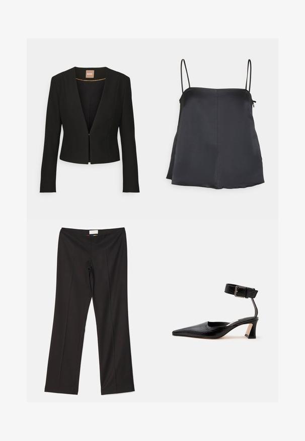 Schwarze, verkürzte Jacke mit tiefem V-Ausschnitt, langen Ärmeln und einem einzelnen vorderen Verschluss. Hergestellt aus einem glatten, robusten Stoff mit einem dezenten Glanz.; House of Dagmar SHINY STRAP TOP - Top - dark navy; Sara Battaglia HIGH WAIST PANTS - Stoffhose - black; Schwarzer, spitzer Schuh mit niedrigem Absatz, Knöchelriemen und Schnalle, strukturierte Lederoptik, von der Innenseite vor neutralem Hintergrund gezeigt.