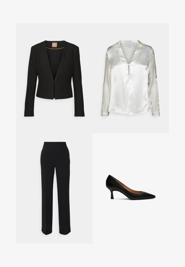 Schwarze, verkürzte Jacke mit tiefem V-Ausschnitt, langen Ärmeln und einem einzelnen vorderen Verschluss. Hergestellt aus einem glatten, robusten Stoff mit einem dezenten Glanz.; STUDIO ID ALYSSA - Bluse - champagne; Schwarze, gerade geschnittene Hosen mit glatter Textur. Verfügt über einen Bund und keine sichtbaren Muster oder Akzente. Klassisches und maßgeschneidertes Design.; Schwarze Lederpumps mit spitzer Zehenform und mittelhohem Stiletto-Absatz. Glatte Textur mit klassischer Silhouette. Keine Verzierungen oder Muster.