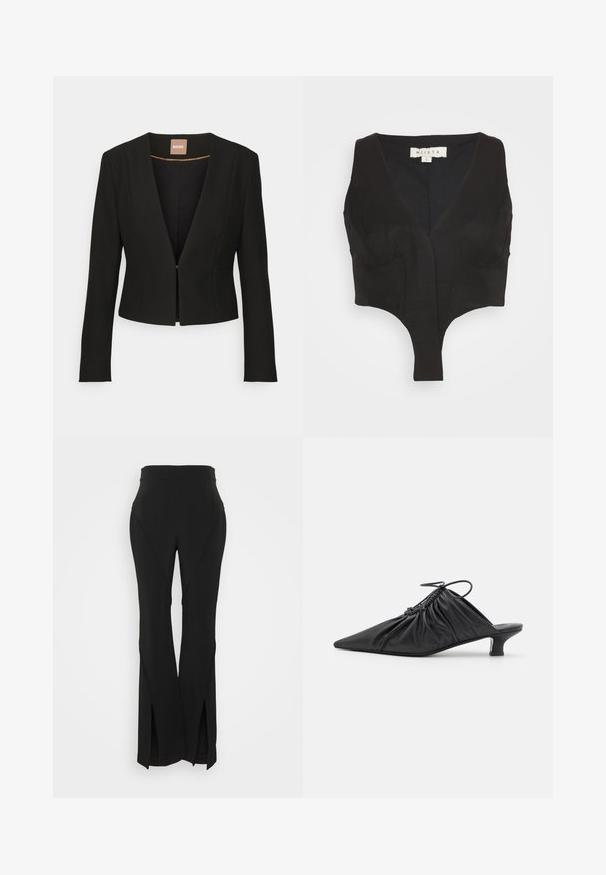 Sort cropped blazer med dyb V-udskæring, lange ærmer og en enkelt frontlås. Lavet af et glat, robust stof med en subtil glans.; MIISTA THELMA CORSET - Top - black; Et Ochs HENRY INVERTED SEAM PANTS - Bukser - black; Sorte læder slip-on mules med spids tå, samlet tekstur og en lille kitten heel. Har en snor-detalje ved åbningen.