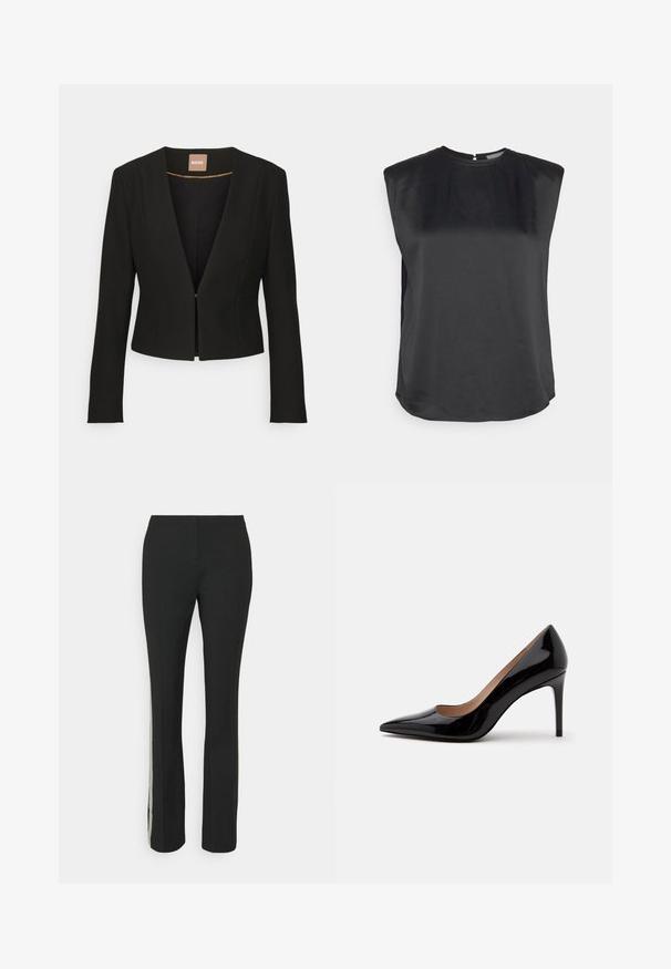 Blazer negro cortado con un profundo escote en V, mangas largas y un único cierre frontal. Hecho de una tela suave y resistente con un brillo sutil.; Top negro sin mangas con cuello alto, textura suave, dobladillo redondeado y cierre en forma de ojo de cerradura en la parte posterior. Diseño sencillo sin patrones.; Pantalones negros con un diseño de pierna recta, que cuentan con un panel lateral texturizado, creando un contraste con la tela suave de los pantalones.; Zapato de charol negro de tacón alto con punta afilada y tacón de aguja, mostrado de perfil sobre un fondo blanco liso.