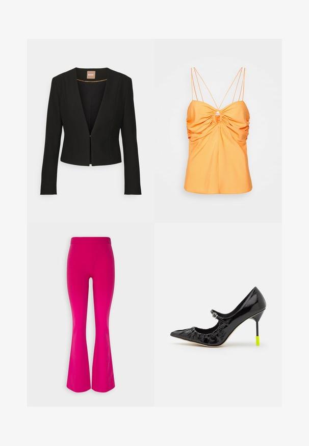 Sort cropped blazer med dyb V-udskæring, lange ærmer og en enkelt frontlås. Lavet af et glat, robust stof med en subtil glans.; DESIGNERS REMIX EXCLUSIVE IOLA - Bluse - mandarin; MARCIANO BY GUESS THE NEW PANT - Bukser - mid magenta; Sorte lakerede højhælede sko med spids tå, med en bølget kant og et neongrønt accent på stiletthælen.