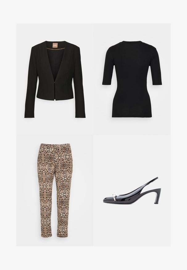 Sort cropped blazer med dyb V-udskæring, lange ærmer og en enkelt frontlås. Lavet af et glat, robust stof med en subtil glans.; Sort, tæt siddende t-shirt lavet af bomuld, med korte ærmer og rund hals. Glat tekstur uden synlige mønstre eller detaljer.; IKKS Bukser - cioccolato; Sort laklæder slingback-hæl med spids tå og sølvfarvet dekorativ pynt foran.