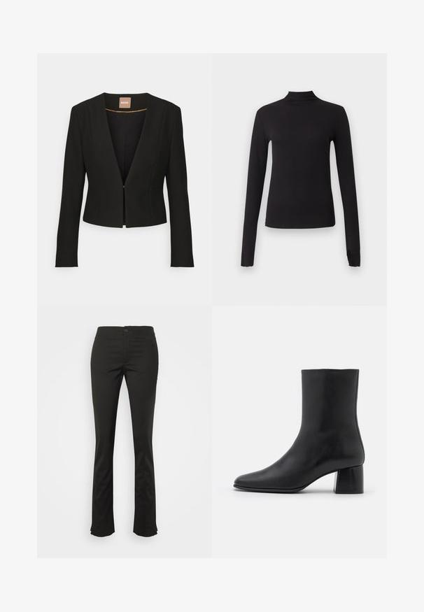 Sort cropped blazer med dyb V-udskæring, lange ærmer og en enkelt frontlås. Lavet af et glat, robust stof med en subtil glans.; Sort langærmet tætsiddende top med høj hals, vist på ensartet lysegrå baggrund.; Filippa K ZIP TROUSERS - Bukser - black; Sorte læder ankelstøvler med spids tå og en kraftig firkantet hæl. Glat overflade med et sømløst design og minimalistisk syning.