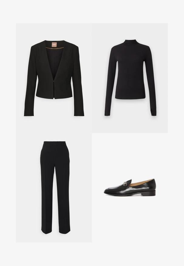Sort cropped blazer med dyb V-udskæring, lange ærmer og en enkelt frontlås. Lavet af et glat, robust stof med en subtil glans.; Sort langærmet tætsiddende top med høj hals, vist på ensartet lysegrå baggrund.; Sorte, lige bukser med en glat tekstur. Har en talje og ingen synlige mønstre eller accenter. Klassisk og skræddersyet design.; Sorte læder loafers med et slankt design, flad hæl og hardwaredetalje i sølvfarve foran. Glat tekstur med spids tåform.