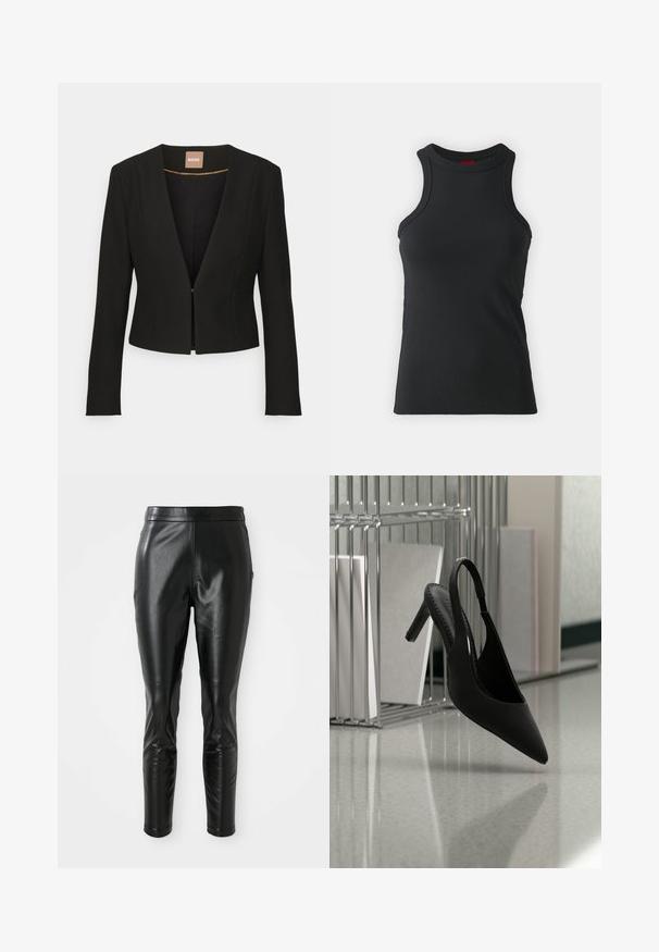Blazer negro cortado con un profundo escote en V, mangas largas y un único cierre frontal. Hecho de una tela suave y resistente con un brillo sutil.; Camiseta sin mangas negra hecha de una tela elástica. Presenta un cuello redondo y una silueta ajustada con detalles de costura mínimos.; Pantalones de cuero negro con un ajuste slim, con una textura suave y una cintura alta. Los detalles incluyen acentos en las rodillas para un diseño añadido.; Zapato de tacón alto negro con punta afilada y tira en el talón, suspendido en el aire sobre un suelo brillante con carpetas apiladas en el fondo.