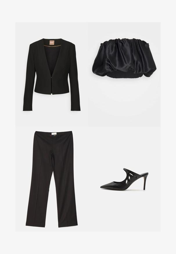 Sort cropped blazer med dyb V-udskæring, lange ærmer og en enkelt frontlås. Lavet af et glat, robust stof med en subtil glans.; Et Ochs MICHELLE SCRUNCHIE CROP - Top - black; Sara Battaglia HIGH WAIST PANTS - Bukser - black; Sorte læder højhælede mules med spids tå, udskåret sideskærm og glat tekstur. Stiletthæl og subtil syning.