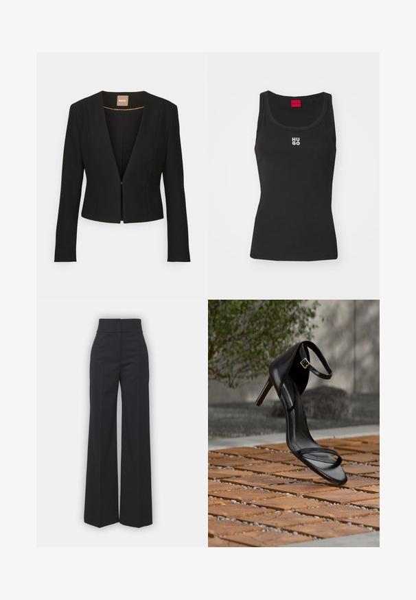 Schwarze, verkürzte Jacke mit tiefem V-Ausschnitt, langen Ärmeln und einem einzelnen vorderen Verschluss. Hergestellt aus einem glatten, robusten Stoff mit einem dezenten Glanz.; Schwarzes Tanktop aus Baumwolle mit rundem Ausschnitt und ohne Ärmel. Mit weißem "HUGO"-Logo in der Mitte. Einfaches und tailliertes Design.; Weite Hosen aus schwarzem Stoff mit hohem Bund, die eine saubere Verarbeitung und glatte Textur aufweisen. Keine sichtbaren Beschläge oder Muster.; Schwarze Sandalette mit hohem Absatz und Knöchelriemen schwebt über einem Holzboden im Freien vor verschwommenem Grün und Steinhintergrund.