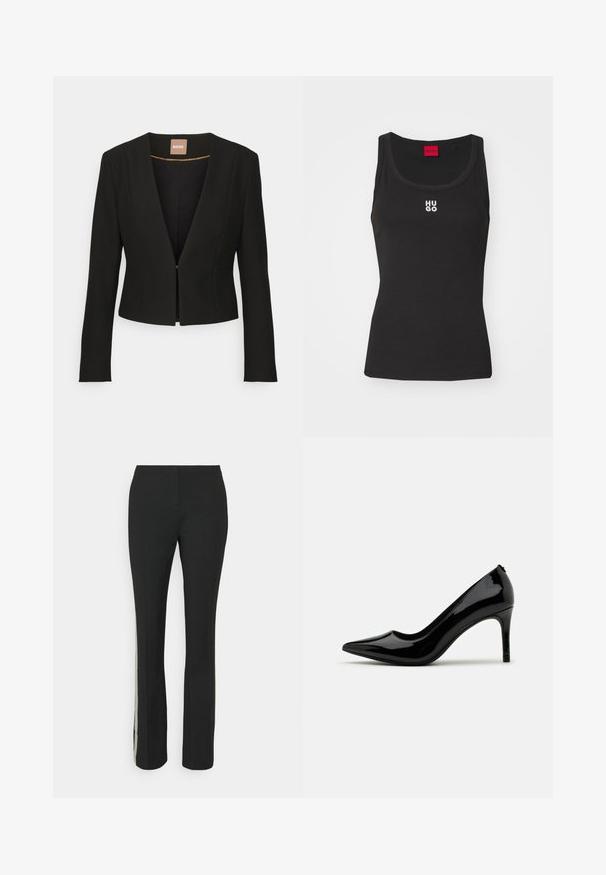 Sort cropped blazer med dyb V-udskæring, lange ærmer og en enkelt frontlås. Lavet af et glat, robust stof med en subtil glans.; Sort tanktop lavet af bomuld med rund halsudskæring og uden ærmer. Har hvid "HUGO" logo i midten. Enkel og tætsiddende design.; Svarte bukser med lige ben design, der har et struktureret sidelægn, hvilket skaber en kontrast til det glatte stof i bukserne.; Sorte laklæder højhælede pumps med spids tå og slank silhuet, prydet med en glat overflade og minimalistisk design.