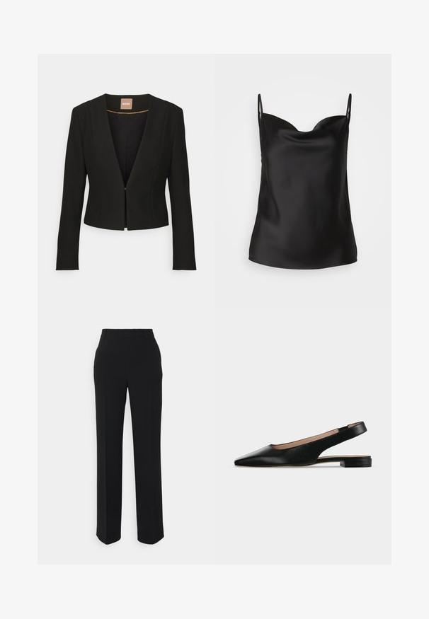 Blazer negro cortado con un profundo escote en V, mangas largas y un único cierre frontal. Hecho de una tela suave y resistente con un brillo sutil.; Camisón de satén negro con un escote pronunciado, tirantes finos y una textura suave y brillante. Diseño simple y clásico sin adornos.; Pantalones negros de pierna recta con una textura suave. Presentan una cintura y sin patrones ni acentos visibles. Diseño clásico y ajustado.; Zapato plano de cuero negro con tira trasera, puntera puntiaguda y tacón cuadrado bajo sobre fondo blanco.