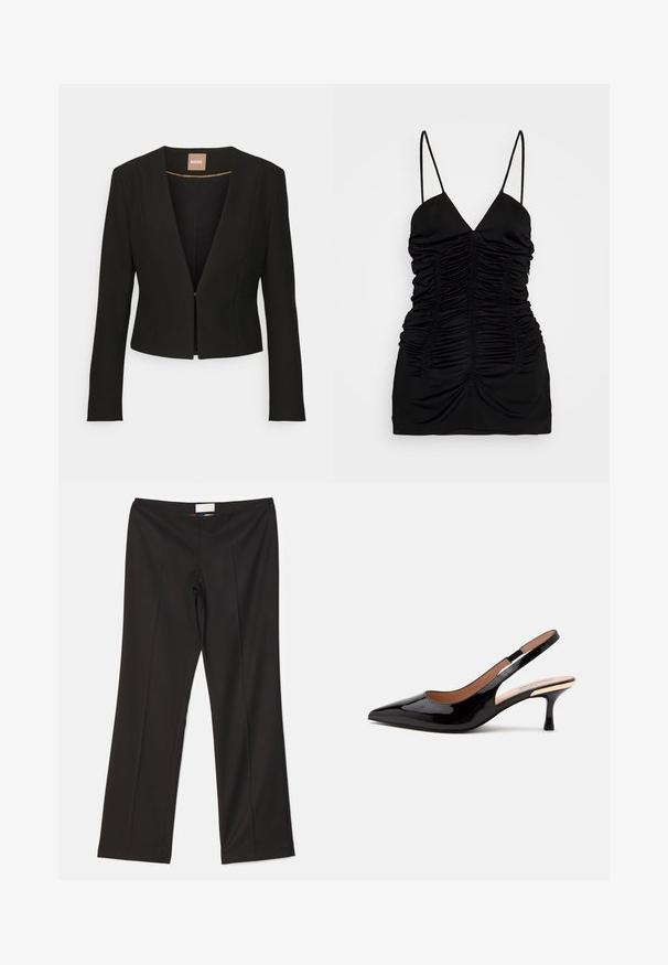 Schwarze, verkürzte Jacke mit tiefem V-Ausschnitt, langen Ärmeln und einem einzelnen vorderen Verschluss. Hergestellt aus einem glatten, robusten Stoff mit einem dezenten Glanz.; BITE Studios SIRENE - Top - black; Sara Battaglia HIGH WAIST PANTS - Stoffhose - black; Schwarzer Lackleder Slingback-Pumps mit spitz zulaufender Kappe und niedrigem Katzenabsatz auf weißem Hintergrund.