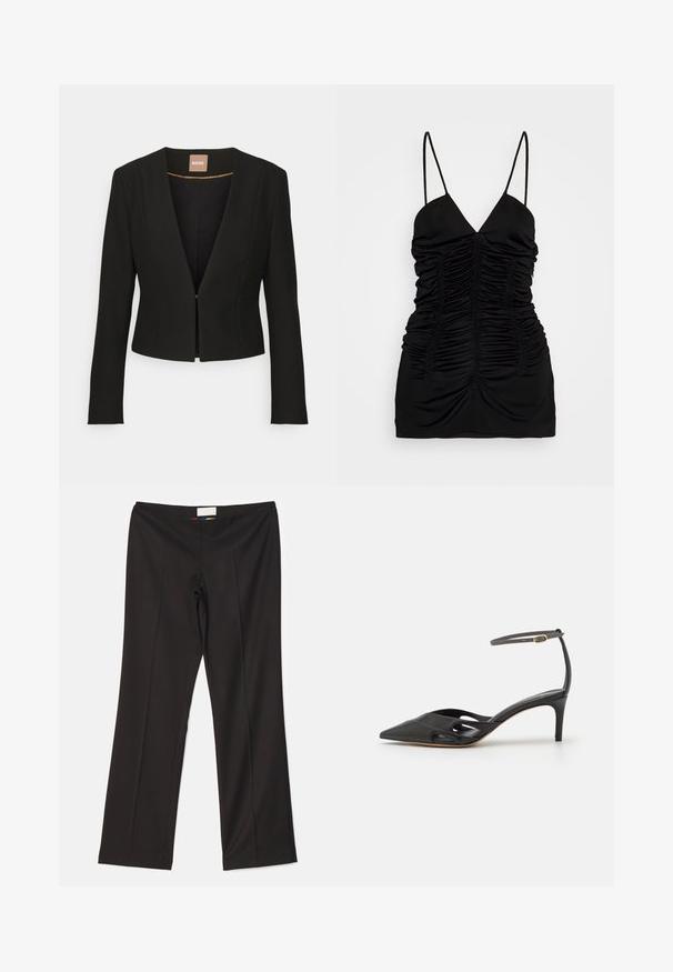 Sort cropped blazer med dyb V-udskæring, lange ærmer og en enkelt frontlås. Lavet af et glat, robust stof med en subtil glans.; BITE Studios SIRENE - Top - black; Sara Battaglia HIGH WAIST PANTS - Bukser - black; Sort læder højhælet sko med spids tå, åbne sider og en tynd ankelrem med en lille guld detalje.