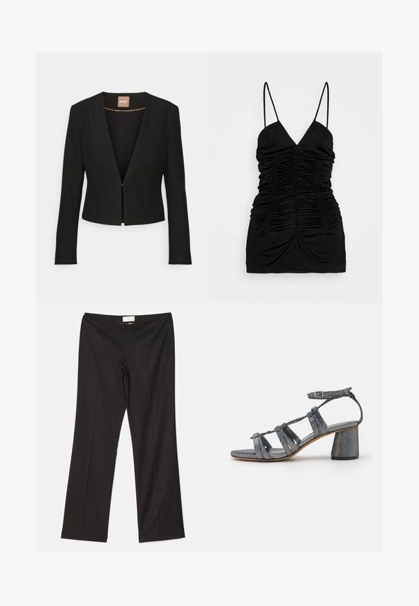 Zwarte cropped blazer met een diepe V-hals, lange mouwen en een enkele sluiting aan de voorkant. Gemaakt van een gladde, stevige stof met een subtiele glans.; BITE Studios SIRENE - Top - black; Sara Battaglia HIGH WAIST PANTS - Broek - black; Mansur Gavriel DAY DREAM - Sandalen - glitter