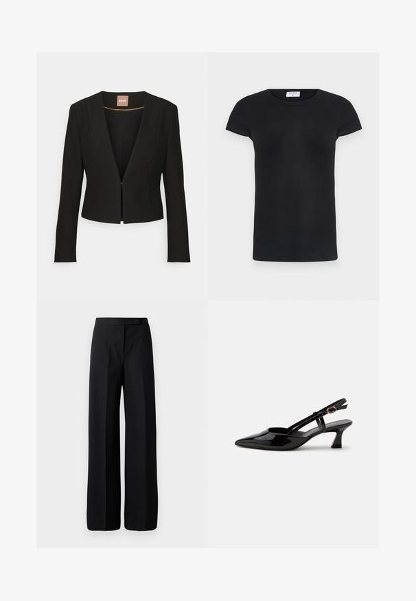 Zwarte cropped blazer met een diepe V-hals, lange mouwen en een enkele sluiting aan de voorkant. Gemaakt van een gladde, stevige stof met een subtiele glans.; Zwarte geribbelde T-shirt met een ronde hals en korte mouwen. Zacht stof met een aansluitende pasvorm, met een label bij de nek.; Wijde zwarte broek met een gladde, matte textuur. Plat tailleband zonder zichtbare hardware of patronen. Eenvoudig en elegant ontwerp.; Zwarte lakleren slingback kitten heel schoen met spitse neus en verstelbare gouden gespsluiting op een witte achtergrond.