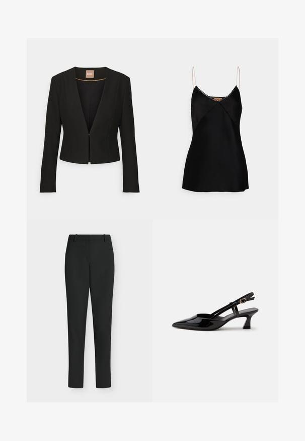 Blazer negro cortado con un profundo escote en V, mangas largas y un único cierre frontal. Hecho de una tela suave y resistente con un brillo sutil.; N°21 Top - nero; Pantalones negros de corte ajustado con trabillas para cinturón, cremallera frontal y piernas rectas, mostrados sobre un fondo blanco.; Zapato slingback de charol negro con tacón bajo, punta puntiaguda y correa ajustable con hebilla dorada sobre fondo blanco.