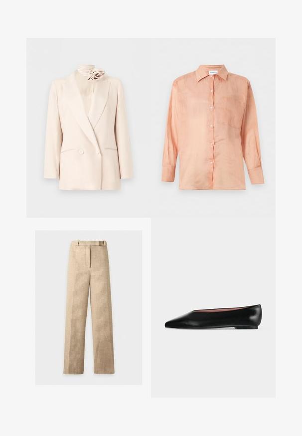 Blazer crème croisé avec revers crantés, deux poches avant et un accessoire floral crème assorti sur un col montant.; Chemise à manches longues couleur pêche claire avec col et une poche poitrine, présentée sur un fond blanc uni.; Pantalon droit à motif pied-de-poule beige et marron clair, avec passants pour ceinture et fermeture devant sur fond blanc.; Chaussure plate en cuir noir pour femme, avec bout pointu et petit talon, vue de côté sur un fond gris clair uni.