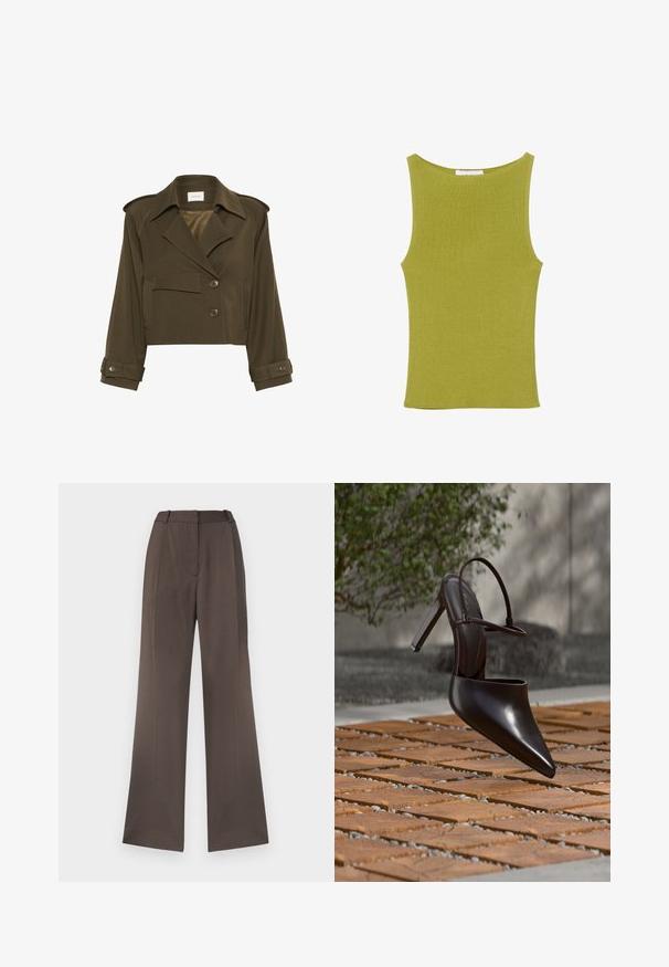 Veste cropped vert olive avec un design croisé, grands revers, deux poches avant et détails de boutons sur les poignets.; Débardeur en maille côtelée sans manches de couleur vert olive avec un col rond haut et une silhouette cintrée.; Pantalons à jambes larges en tissu brun uni, avec une texture lisse, des passants de ceinture, un pli à l'avant et sans poches visibles.; Mule noire brillante à talons hauts avec bout pointu et bride à la cheville, suspendue au-dessus d'une surface carrelée en terre cuite avec des interstices remplis de gravier.
