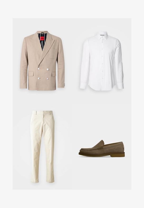 Beige dobbeltradet blazer lavet af tekstureret stof, med fire hvide knapper, klapvedhæng og en enkelt brystlomme. Fôret med stribet stof.; Hvid langærmet skjorte lavet af glat stof, med klassisk krave og knap-front design samt en buet kant. Knapperne er diskret blanke.; Lys beige skræddersyede bukser med et tekstureret mønster, lige pasform og medium høj talje, der har bæltestropper og ingen synlige lommer.; Brun ruskindslipper med syninger, lav hæl og slip-on design på en ensartet lysegrå baggrund.