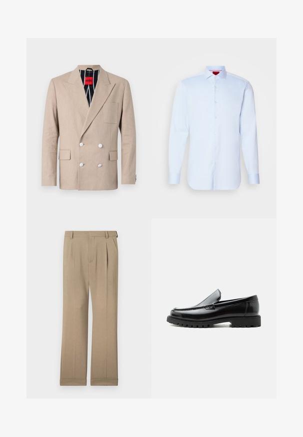 Beige dobbeltradet blazer lavet af tekstureret stof, med fire hvide knapper, klapvedhæng og en enkelt brystlomme. Fôret med stribet stof.; Lyseblå langærmet skjorte med knapper, spredt krave, rund kant og hvide knapper. Glat stof med en subtil glans.; Beige bukser lavet af letvægtigt stof, med et lige ben-design, dobbelte folder og opfoldede kanter for en afslappet pasform.; Sort læderloafer med chunky gummisål, syet overdel og præget mærkenavn på hælen, vist i sideprofil på hvid baggrund.