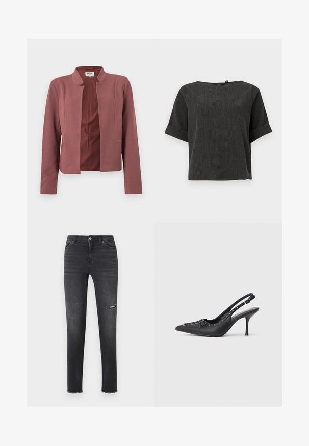 Blazer sur mesure rose avec devant ouvert, col cranté, manches longues et texture subtile sur le tissu.; Haut texturé gris foncé à manches courtes avec un col rond et des poignets retroussés, présenté sur un fond blanc.; Jean skinny noir avec légère usure au niveau de la cuisse et ourlets effilochés, présentant un style cinq poches standard avec fermeture par bouton.; Escarpin en cuir noir à talon aiguille avec un bout pointu, une bride latérale à boucle, des clous le long du bord et un laçage décoratif à l'avant.