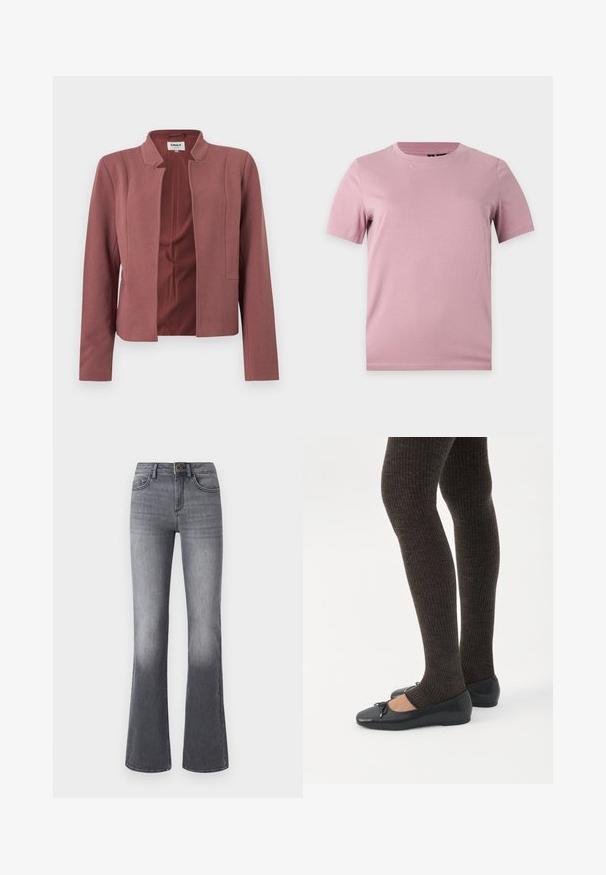 Blazer sur mesure rose avec devant ouvert, col cranté, manches longues et texture subtile sur le tissu.; T-shirt uni en coton rose pâle à manches courtes avec col rond, présenté sur un fond plat gris clair.; Jean flare taille haute en denim gris foncé, avec poches frontales, fermeture à bouton et légère décoloration vers l'ourlet.; Jambes portant des leggings côtelés foncés associés à des ballerines noires avec de petits détails en nœud sur fond blanc.