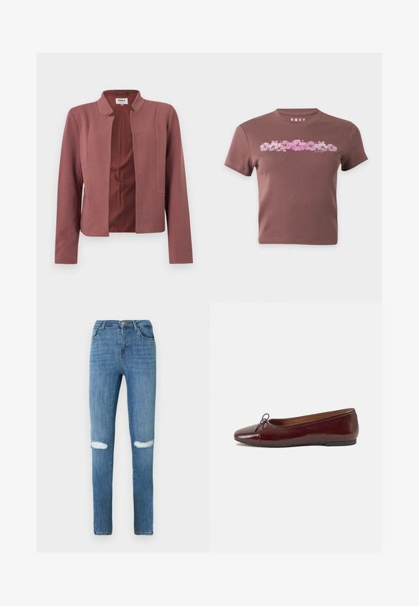 Blazer sur mesure rose avec devant ouvert, col cranté, manches longues et texture subtile sur le tissu.; T-shirt marron court avec manches courtes, présentant une rangée horizontale de fleurs d'hibiscus roses et le nom de la marque Roxy au-dessus du motif.; Jean denim bleu coupe skinny avec deux découpes déchirées aux genoux, fermeture par bouton et zip, et design classique à cinq poches.; Ballerines en cuir verni bordeaux avec un bout rond, un petit nœud décoratif à l'avant et une semelle en caoutchouc noire basse. Texture lisse.