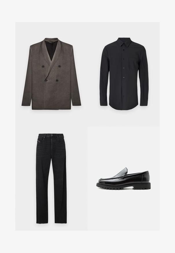 Blazer gris foncé croisé avec revers à pointe et quatre boutons noirs, présenté à plat sur un fond blanc.; Chemise noire à manches longues en tissu lisse avec un col classique, fermeture à boutons et une poche poitrine du côté gauche.; Jean en denim noir avec une coupe droite, des poches avant, et un détail de languette rouge sur la poche gauche. Le tissu présente une légère texture.; Mocassin en cuir noir avec semelle en caoutchouc épaisse, dessus cousu et nom de marque embossé sur le talon, présenté de profil sur fond blanc.