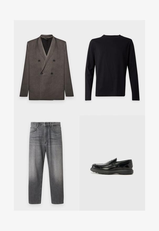 Blazer gris foncé croisé avec revers à pointe et quatre boutons noirs, présenté à plat sur un fond blanc.; T-shirt noir uni à manches longues avec un petit logo discret sur la poitrine gauche, présenté sur un fond gris clair.; Jean en denim gris avec une coupe droite, un effet délavé, cinq poches, fermeture par boutons et détails métalliques.; Mocassin en cuir noir avec une finition brillante, bout arrondi, détails de couture subtils et semelle en caoutchouc épaisse pour la durabilité.