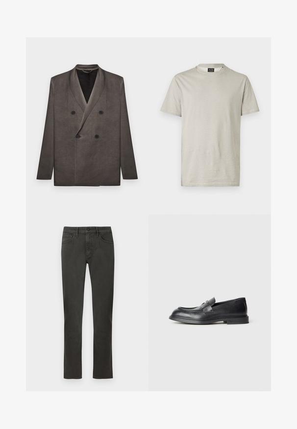 Blazer gris foncé croisé avec revers à pointe et quatre boutons noirs, présenté à plat sur un fond blanc.; T-shirt gris clair à manches courtes avec une texture en nid d'abeille et un col rond. Étiquette visible au niveau du col.; Jean en denim gris foncé avec une coupe droite, cinq poches et une braguette zippée. Comprend des coutures discrètes et une texture lisse.; Mocassins en cuir noir avec une finition texturée, dotés d'une bride décorative à l'avant et d'un bout arrondi. Semelle en caoutchouc pour plus de durabilité.
