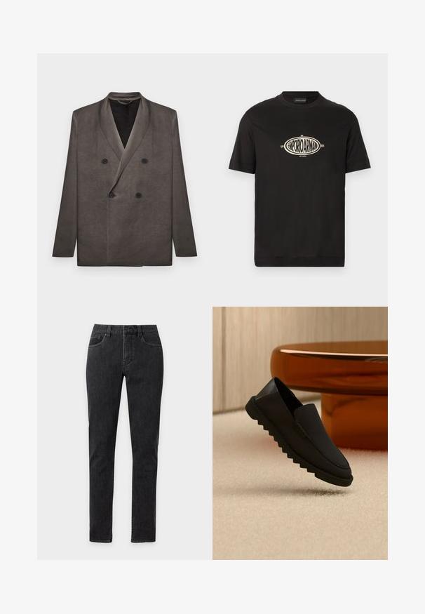 Blazer gris foncé croisé avec revers à pointe et quatre boutons noirs, présenté à plat sur un fond blanc.; T-shirt noir à manches courtes avec col rond, arborant au centre un logo ovale portant l'inscription "EMPORIO ARMANI 1981 MILANO" en lettres beige.; Jean noir slim fit avec cinq poches, passants de ceinture et coutures visibles, présenté de face sur un fond uni.; Chaussure noire sans lacets avec semelle épaisse rainurée flottant au-dessus d'un tapis beige devant une table ronde de couleur ambre.