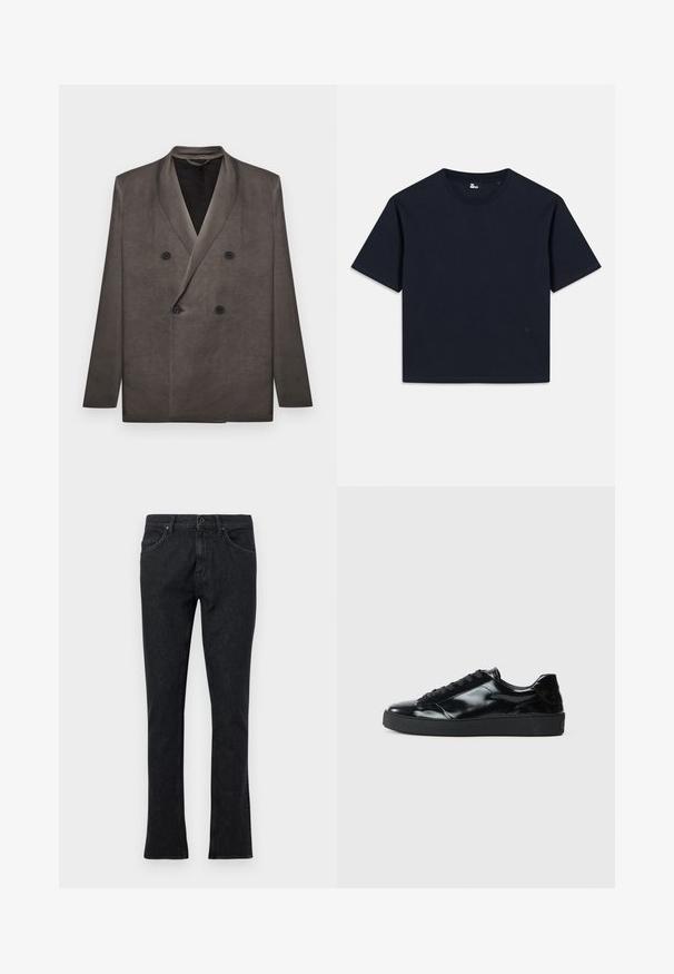 Blazer gris foncé croisé avec revers à pointe et quatre boutons noirs, présenté à plat sur un fond blanc.; T-shirt à manches courtes bleu marine, en coton. Conception au col ras du cou avec une finition droite et un logo minimaliste en bas à gauche.; Jean noir en denim à jambes droites avec fermeture à boutons sur le devant et fermeture éclair, design à cinq poches et passants pour ceinture sur un fond uni.; Baskets en cuir verni noir avec un bout arrondi, un laçage, une semelle en caoutchouc texturé et une finition lisse.