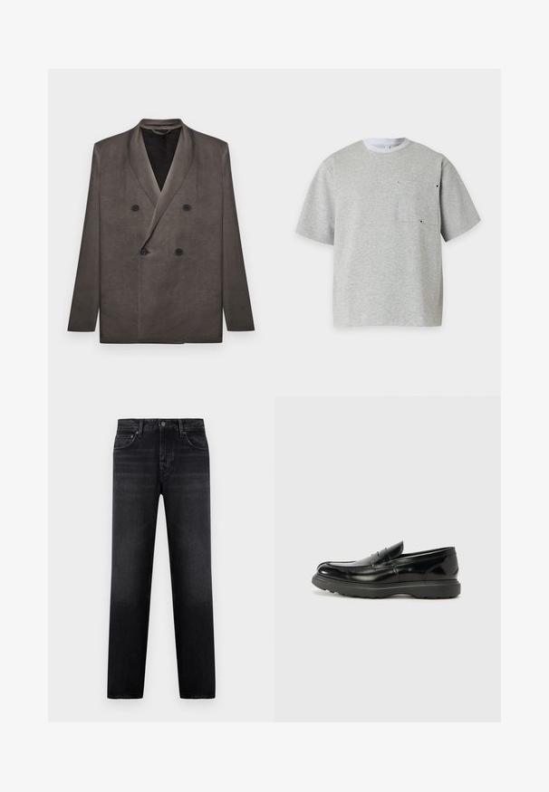 Blazer gris foncé croisé avec revers à pointe et quatre boutons noirs, présenté à plat sur un fond blanc.; T-shirt gris clair à manches courtes avec un col rond blanc et une poche poitrine avec des petits œillets métalliques.; Jean noir à coupe droite avec cinq poches, passants pour ceinture, et fermeture à bouton et fermeture éclair à l'avant, présenté sur un fond uni.; Mocassin en cuir noir avec une finition brillante, bout arrondi, détails de couture subtils et semelle en caoutchouc épaisse pour la durabilité.